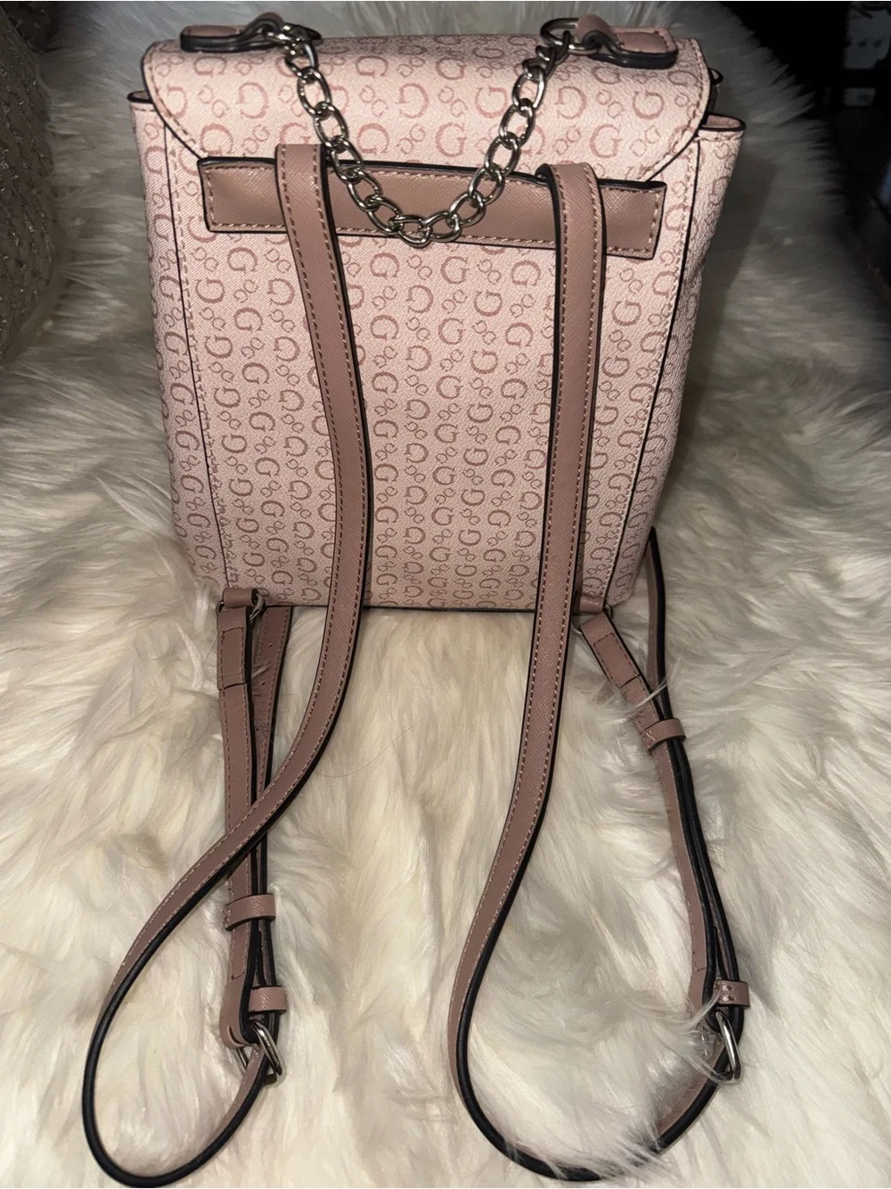 GUESS Blush Pink Signature Chain Detail Backpack